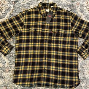 Mens Levi's flannel button down shirt black yellow teal Plaid Large